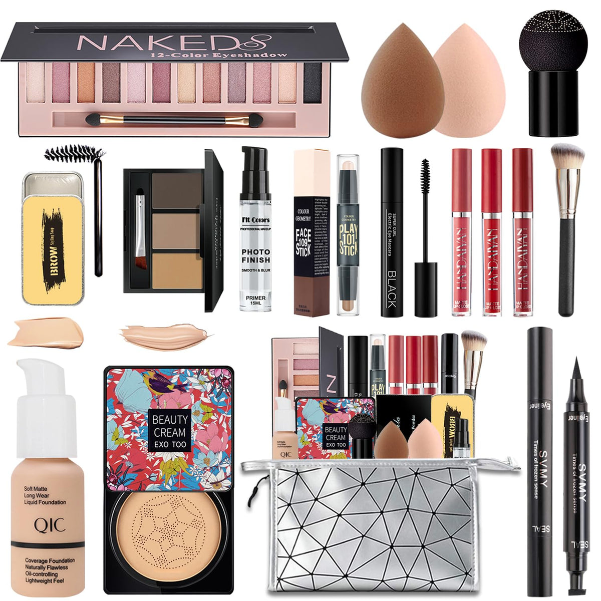 Nuibo All-In-One Makeup Kit: Eyeshadow, Foundation, Lipstick, Brushes & More - Nude & Natural