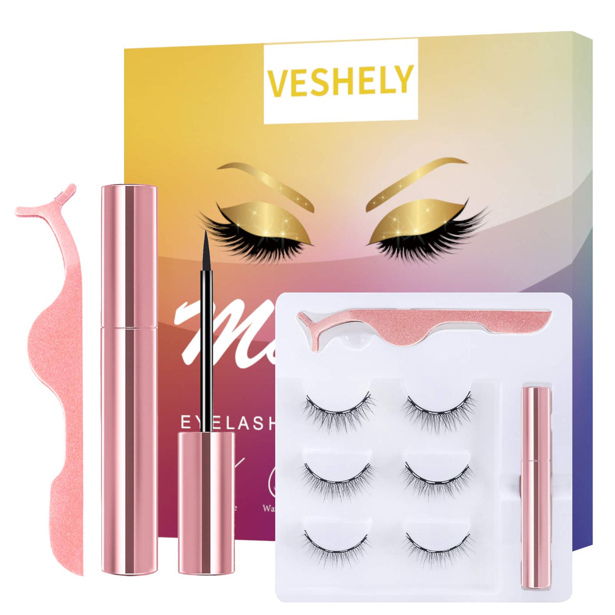 Veshely Magnetic Eyelashes With Eyeliner, 3 Pairs 3D Natural Look False Lashes Kit