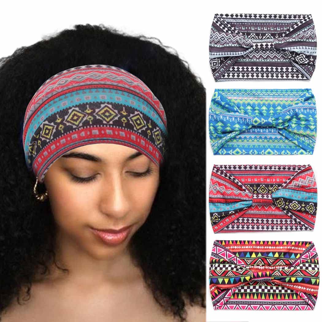 Woeoe African Headbands for Women - Knotted Yoga Sport Hairbands, Wide Elastic Scarf (Pack of 4)