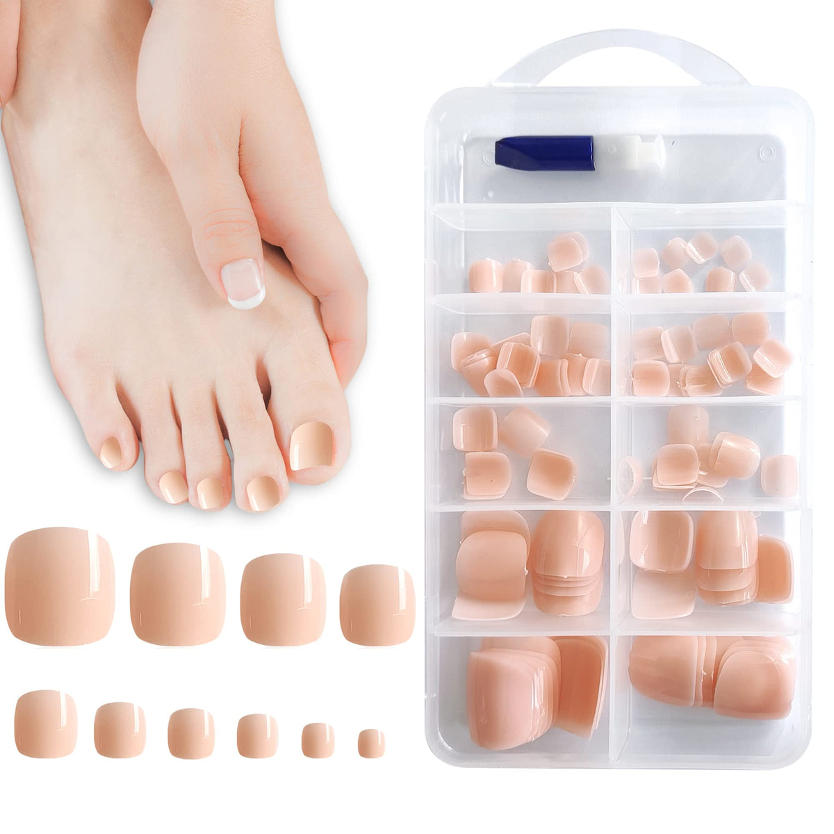 AddFavor Glossy Nude Pink Press on Toenails - 120pcs Short Full Cover Acrylic Nail Tips