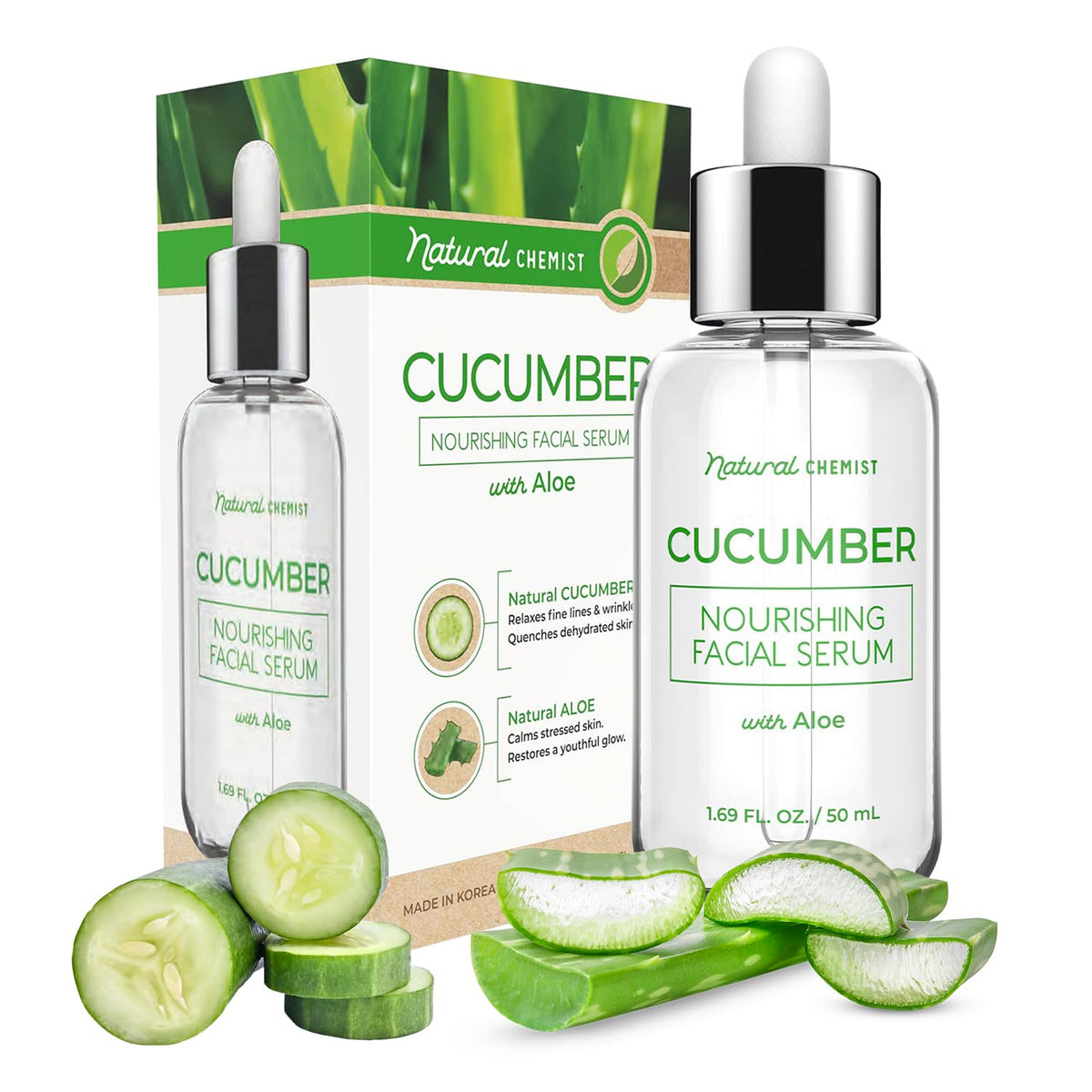 Natural Chemist Cucumber & Aloe Face Serum - Hydrates, Soothes, Anti-Aging, 1.69 Oz