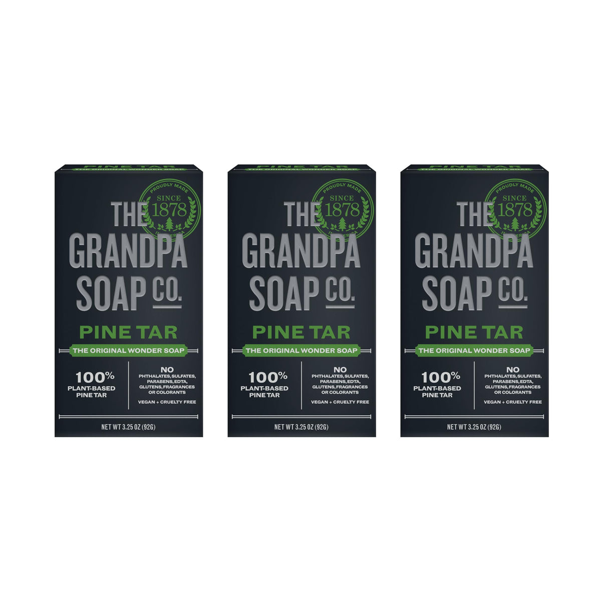 The Grandpa Soap Company Pine Tar Bar Soap - 3 In 1 Cleanser, 3.25 Oz, 3 Pack, Sensitive