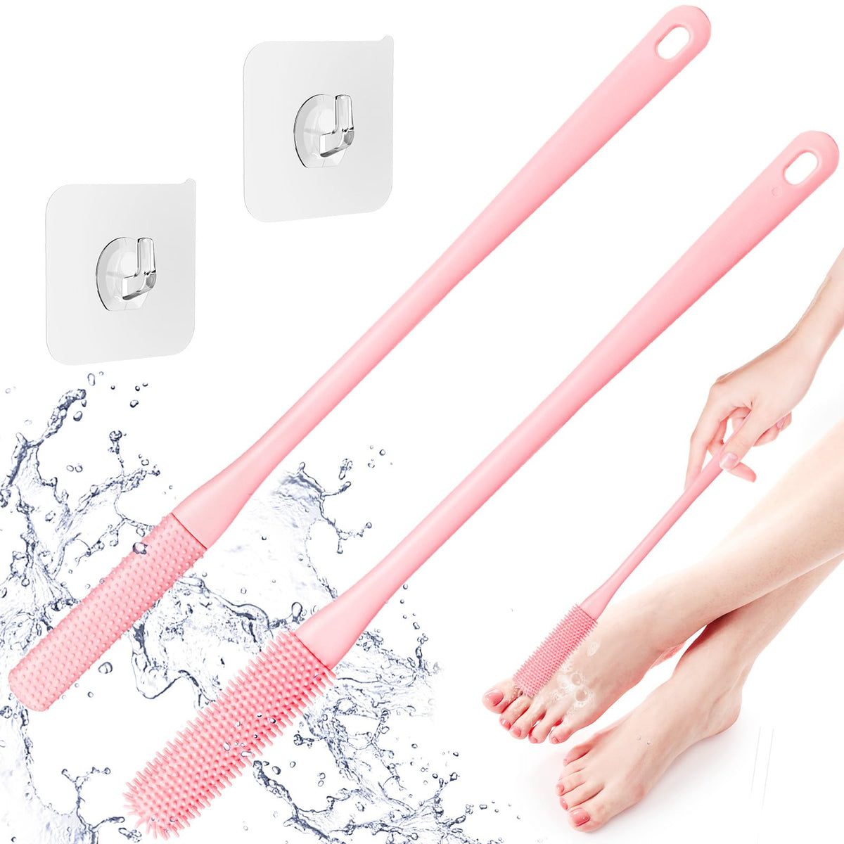 Tophome Silicone Toe Cleaning Brush With 15.7&quot; Long Handle - Foot Scrubber For Men & Women, Pink