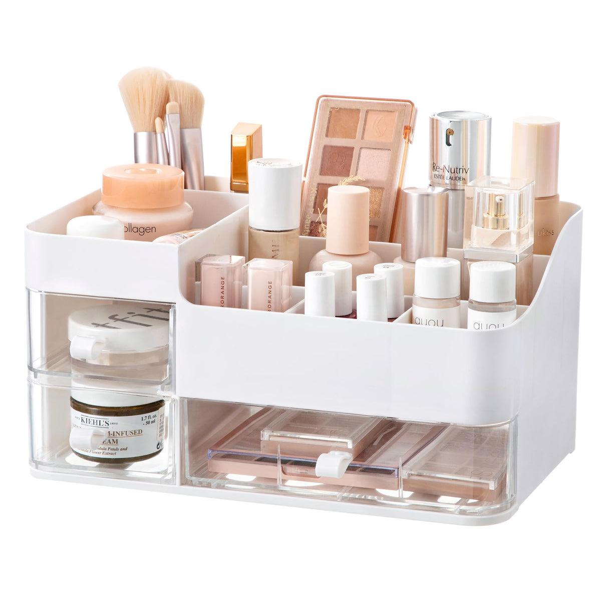 Hblife Large Makeup Organizer With 3 Drawers - Clear & White Skincare Storage For Vanity