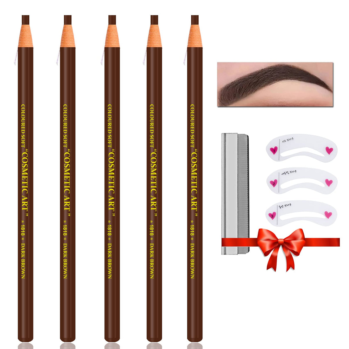 Qiufsse Dark Brown Waterproof Eyebrow Pencil Set - 5Pcs Microblading Kit With Stencils