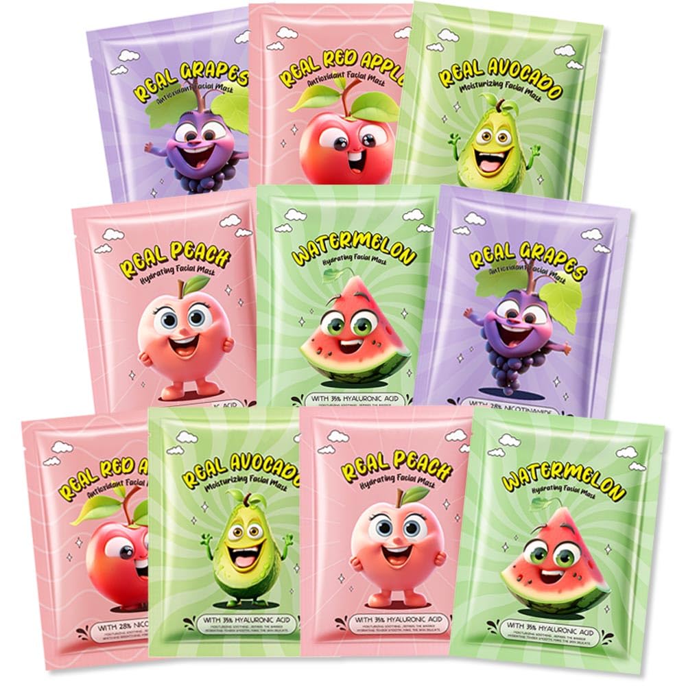 Kaely 10 Pack Fruit Face Masks For Kids - Moisturizing Sheet Masks For Spa Parties & Gifts