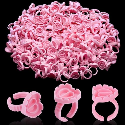 Pretty Memory 300 Pcs Pink Heart Glue Rings for Eyelash Extensions - Fanning Cup Supplies