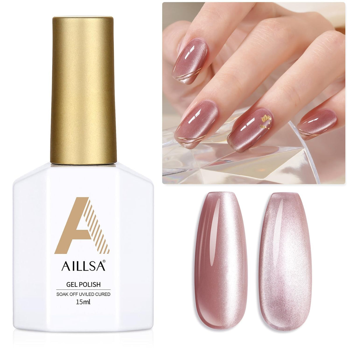 Aillsa Cat Eye Gel Nail Polish - Pink Crystal Glitter, Dusty Rose, 0.5 Fl Oz, Uv Gel For Diy