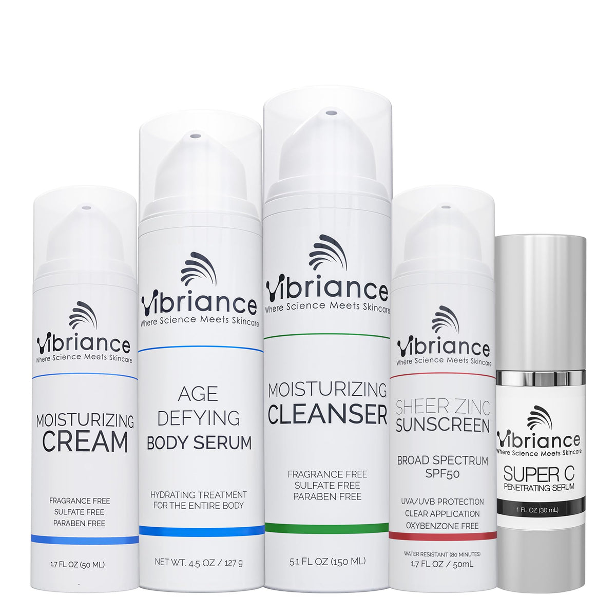 Vibriance Premium Skincare Bundle - Super C Serum, Cleanser, Moisturizer, Spf 50 Sunscreen