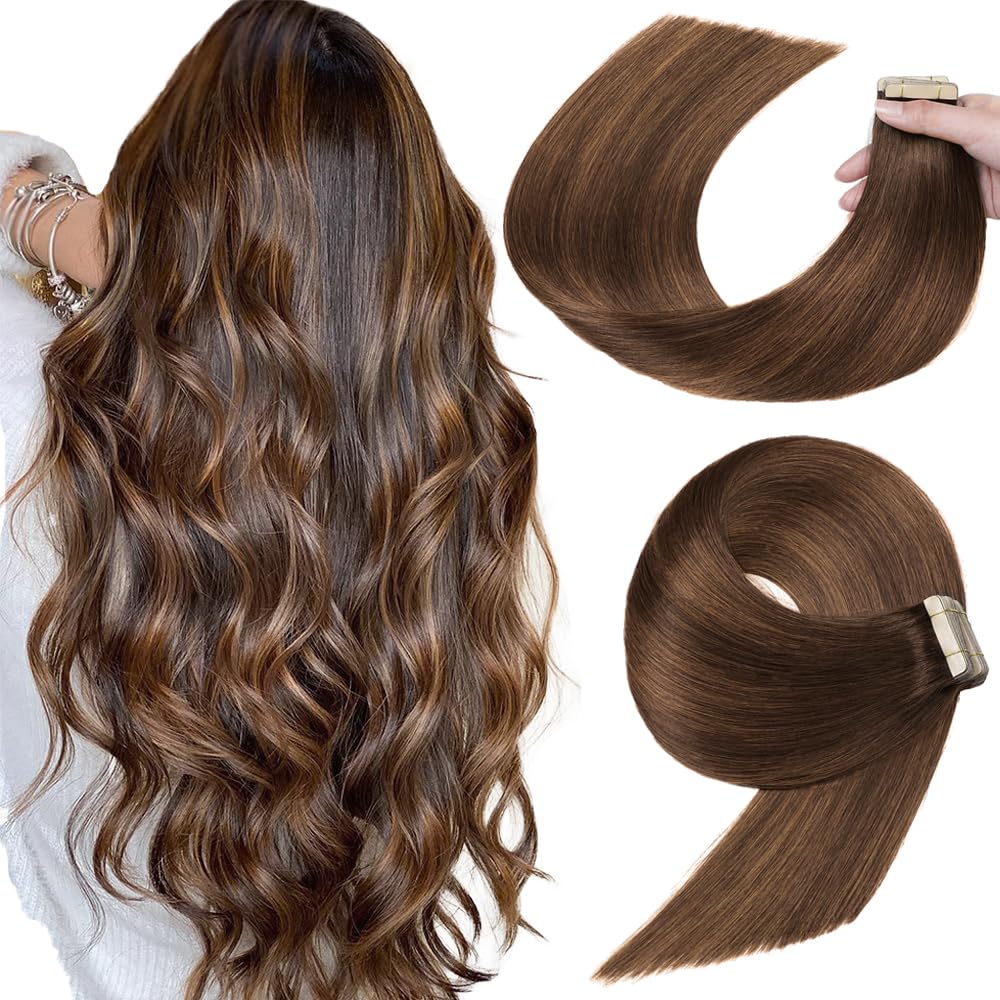 Yddm 22 Inch Tape In Hair Extensions - 20Pcs Balayage Dark Brown To Chestnut Brown Human Hair