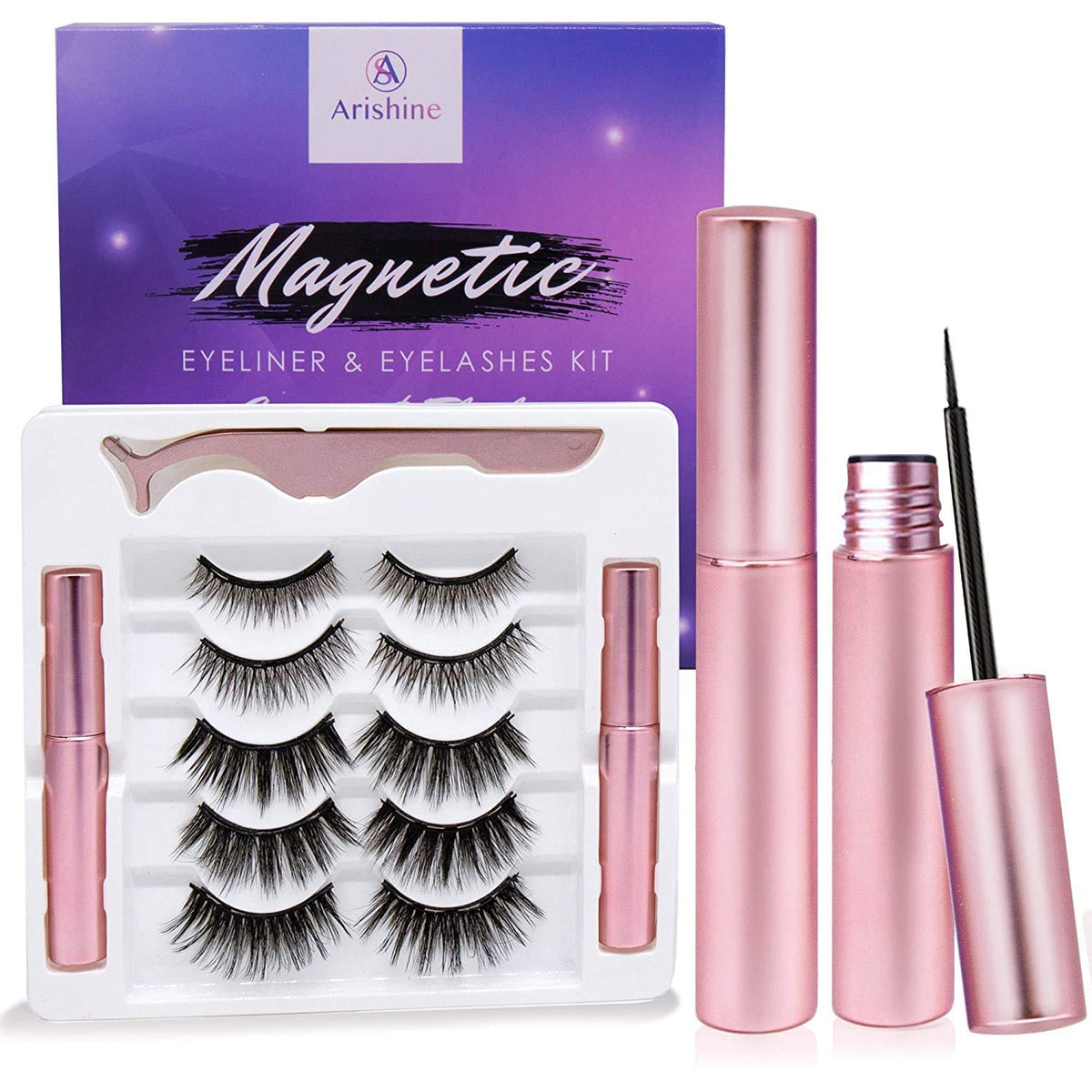 Arishine Magnetic Eyeliner & Lashes Kit - 5 Pairs Reusable Black Synthetic Lashes