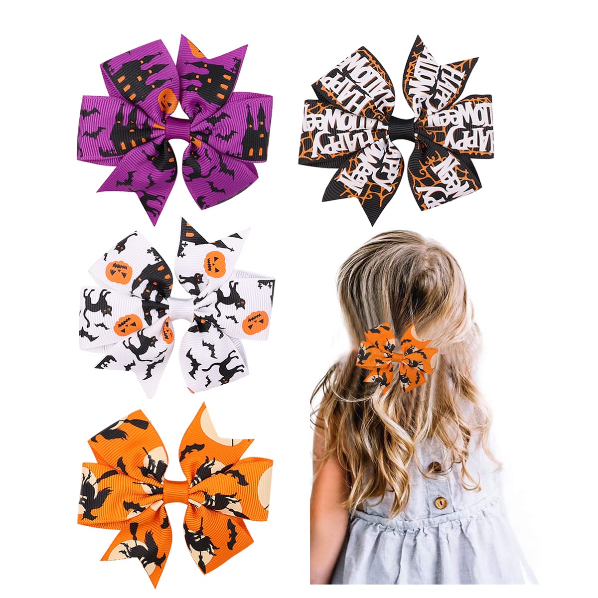 Aaiffey Halloween Hair Bows Clips For Girls - 4 Pcs Ghost & Spider Web Accessories