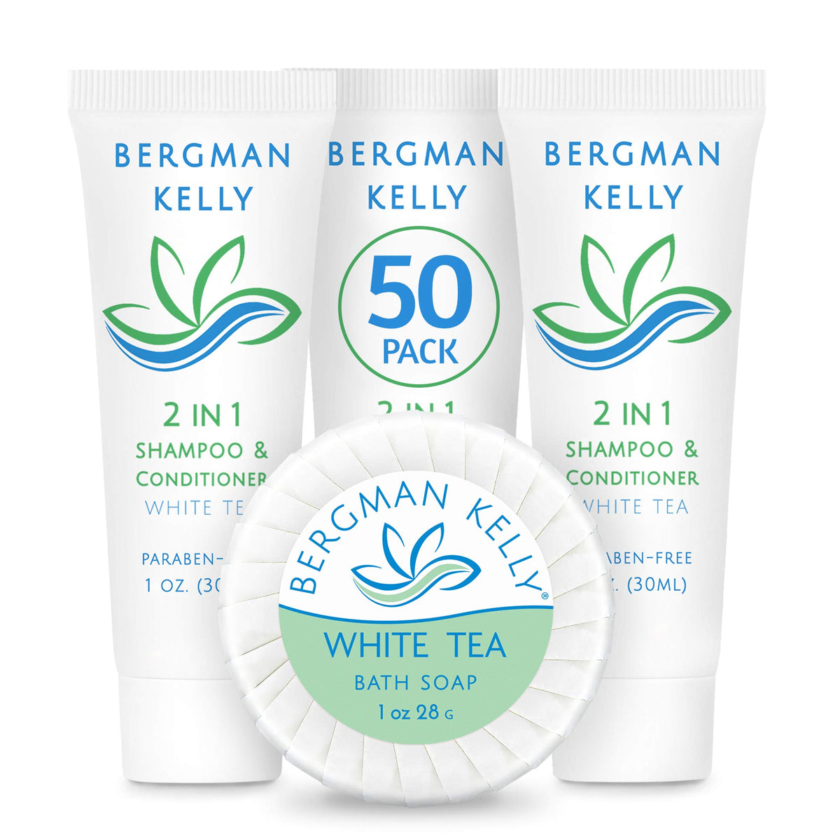 Bergman Kelly 2-In-1 Shampoo & Conditioner Soap Bars, White Tea, 50-Pack, 1 Oz Each