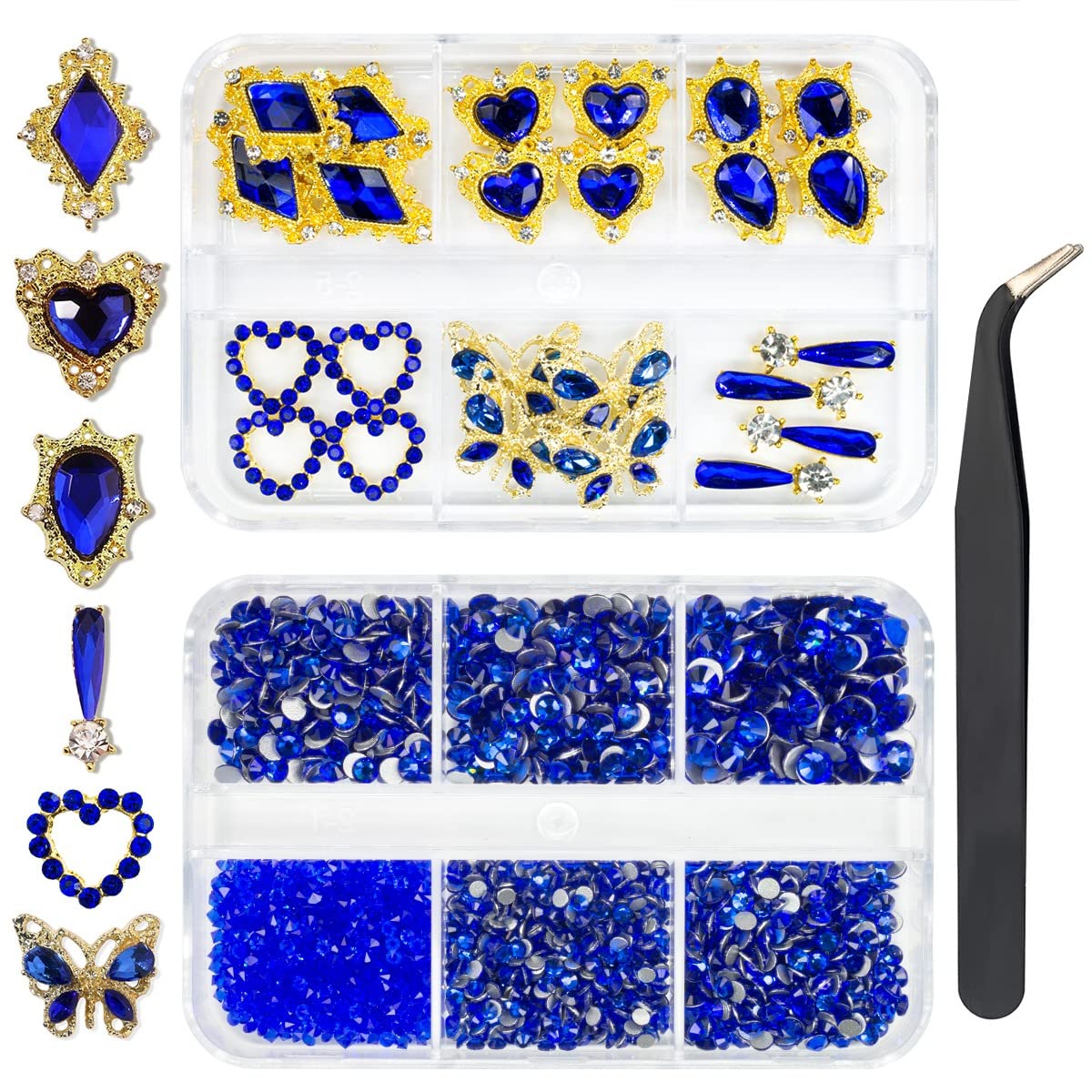 Qiipii 24Pcs Blue Nail Charms + 2000 Sapphire Rhinestones, Luxury 3D Nail Art Gems