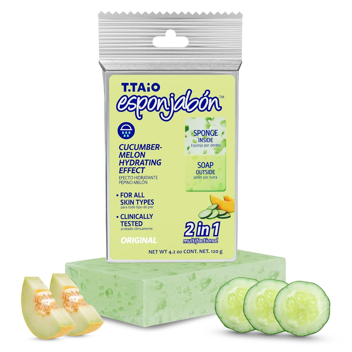 T.Taio Esponjabon Soap Sponge - Cucumber & Melon Cleansing Shower Scrubber - 4.2 Oz