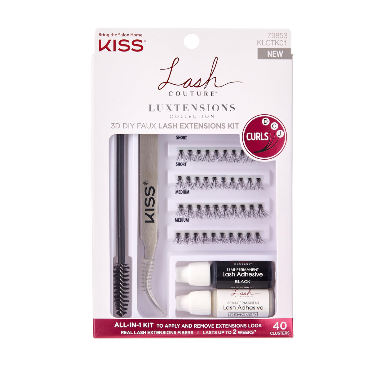 Kiss Lash Couture Luxtension Kit - 40 Wisps, 12Mm Reusable Lashes, Tweezers & Adhesive