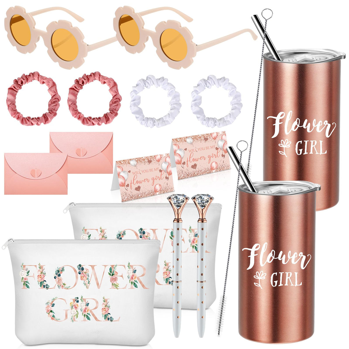 Sieral 16 Pcs Flower Girl Proposal Gifts Set - Tumblers, Makeup Bag, Sunglasses, Rose Gold