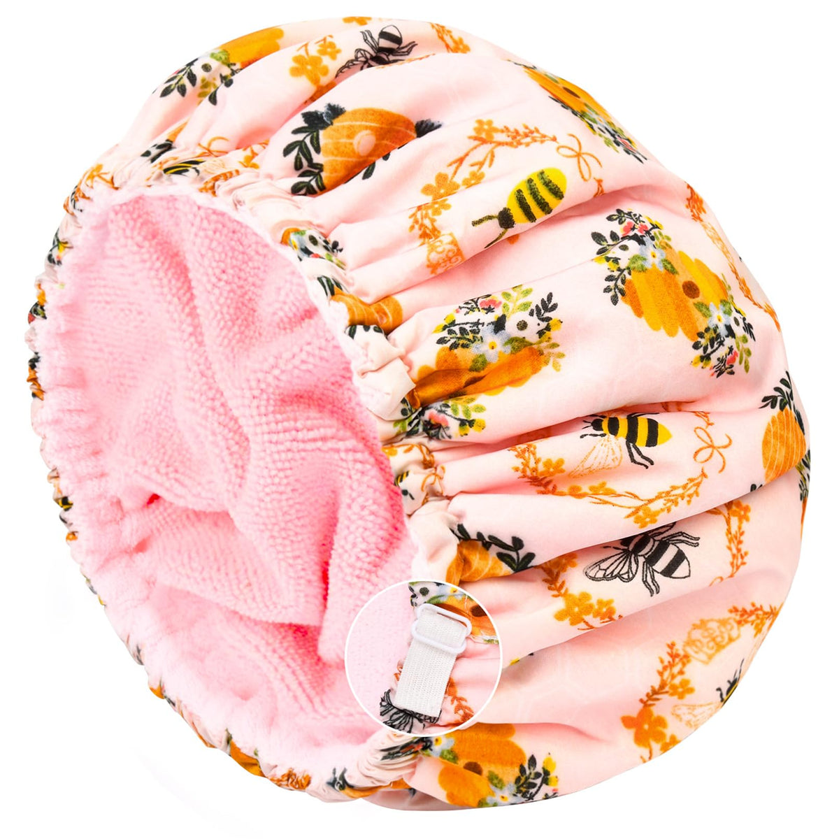 Aileam Bee Shower Cap for Women - Large Terry Lined, Waterproof, Elastic Band for Long Hair