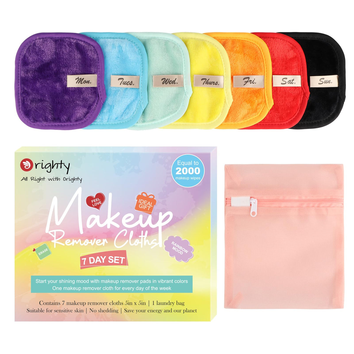 Orighty Reusable Makeup Remover Cloths Set, 7 Premium Fabric Pads For Easy Makeup Removal