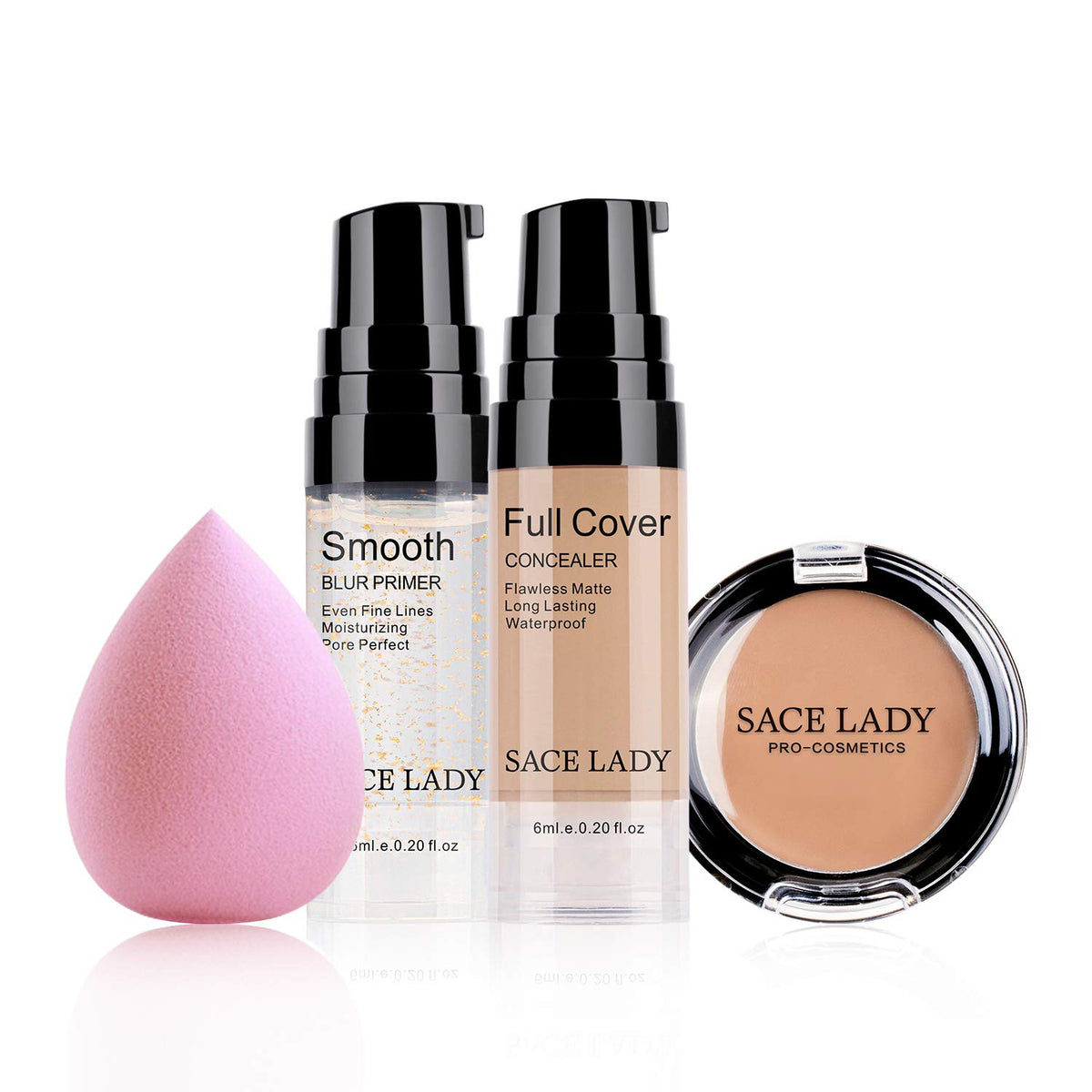 Sace Lady Waterproof Concealer & Primer Sponge Set, Matte Foundation For Dark Circles & Acne Spots