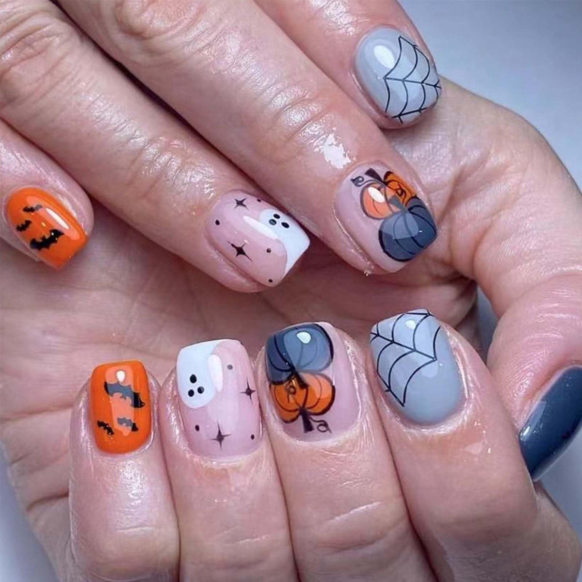 Kasoicra Halloween Press On Nails - Short Square Acrylic Nails, Pumpkin & Spider Web Design, 24Pcs