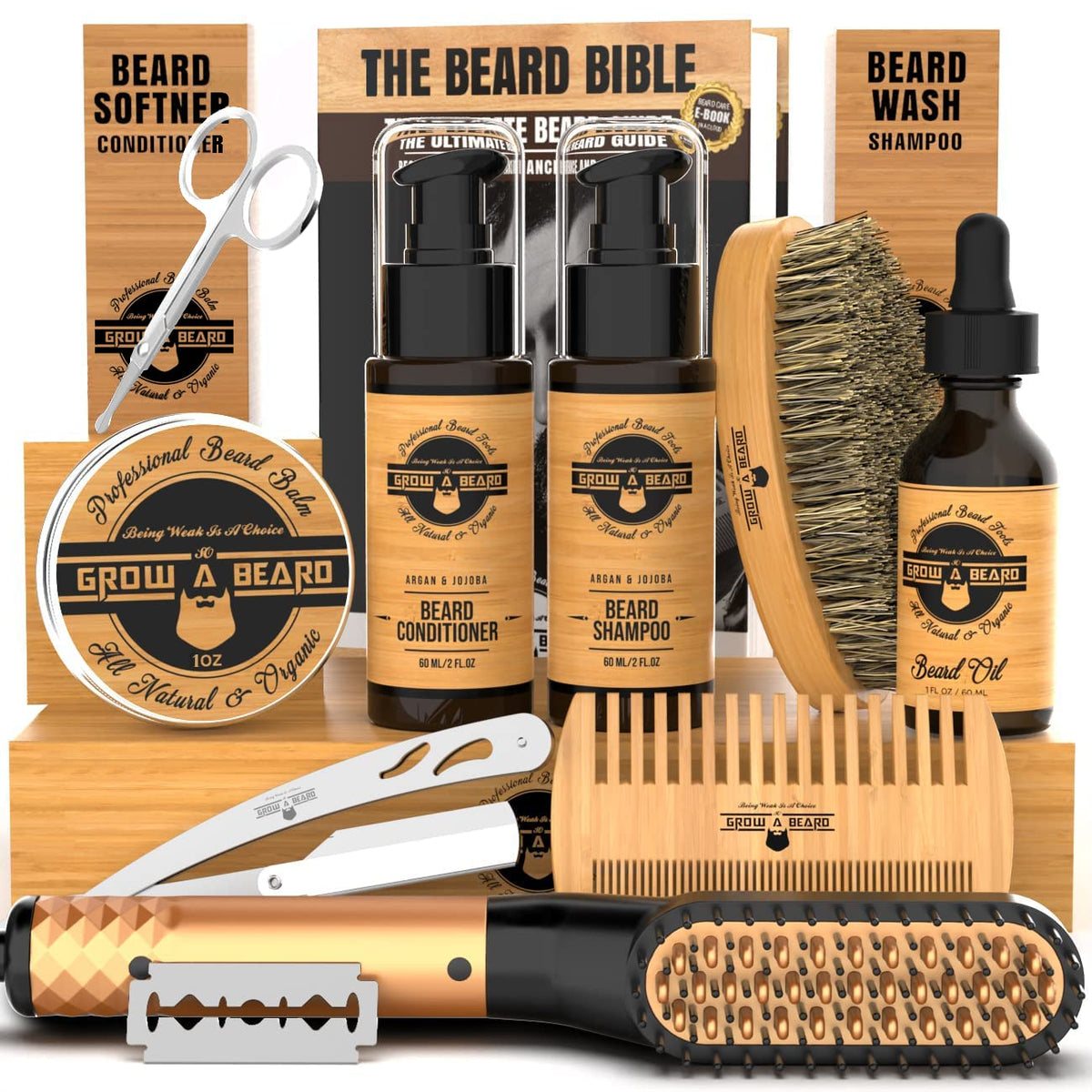 Grow Alpha Beard 9 Piece Beard Grooming Kit With Growth Oil, Sandalwood Balm & Brush