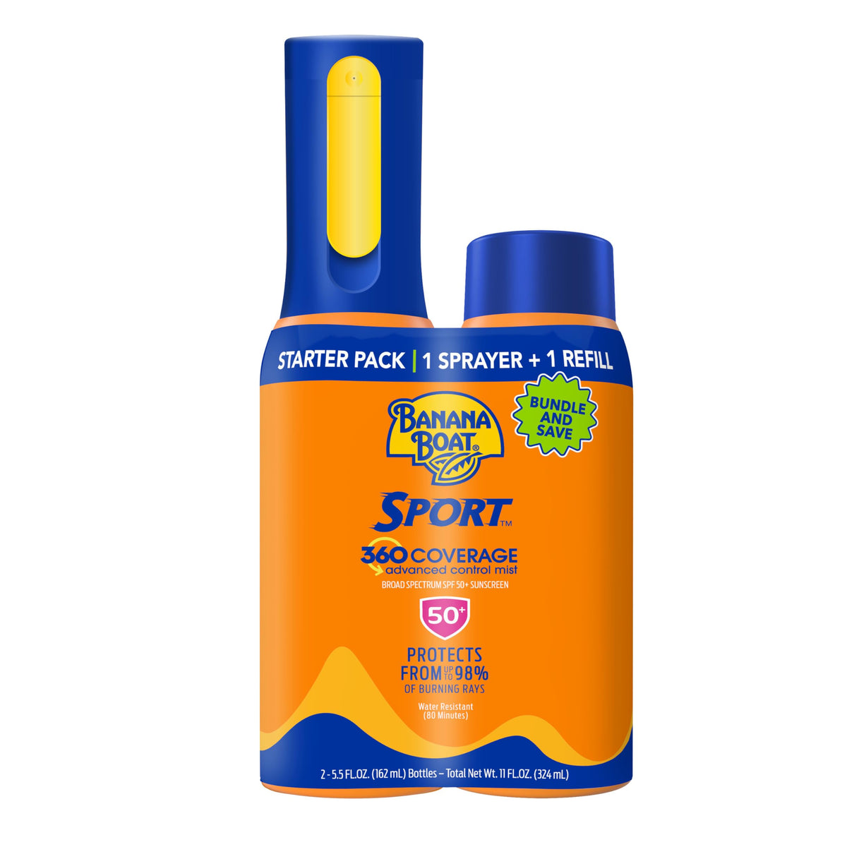 Banana Boat Sport 360 Sunscreen Spray Spf 50, 5.5Oz Non-Aerosol Refillable Mist Bundle