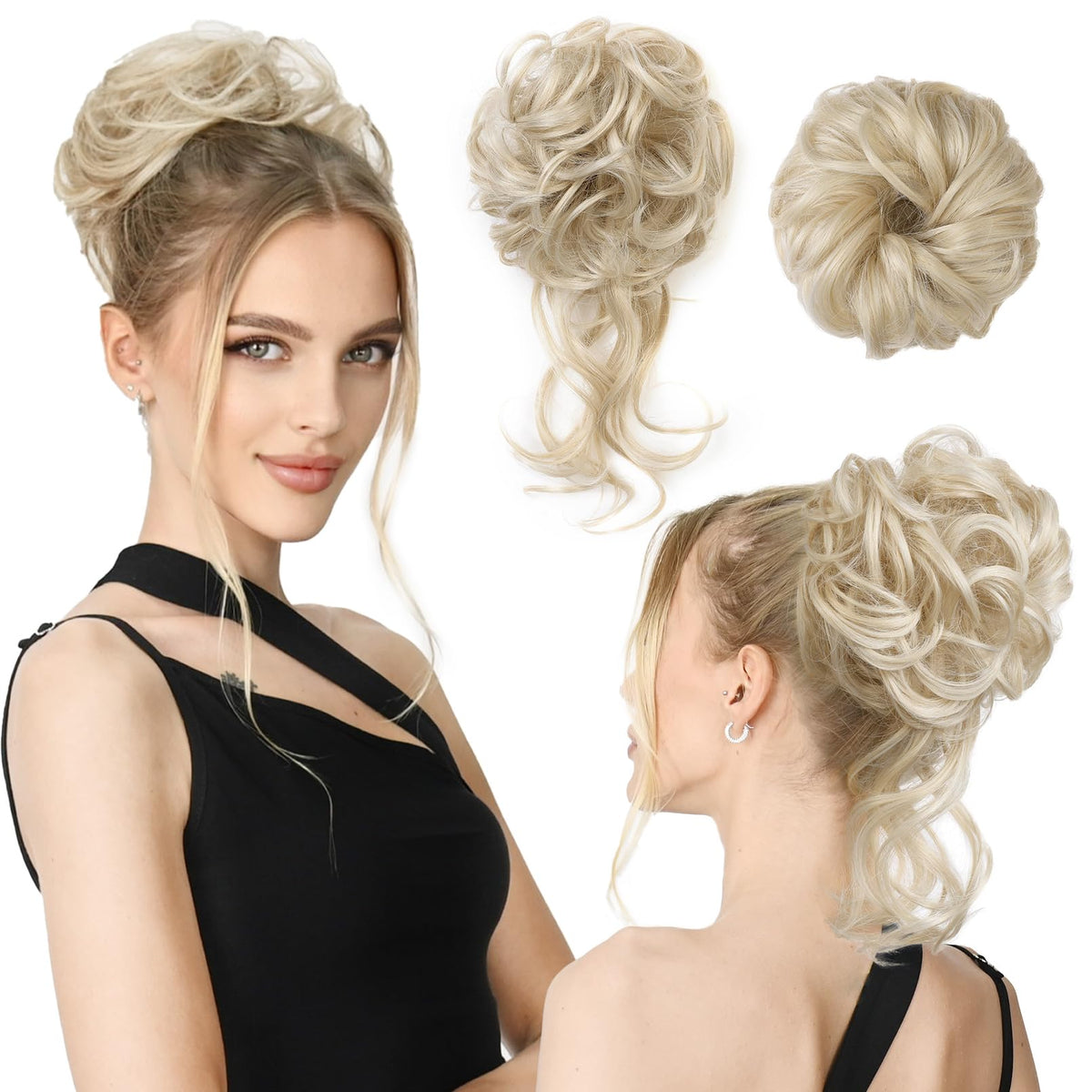 REECHO Messy Bun Hair Piece - Light Blonde Classic Tousled Updo, Synthetic Fiber Extensions, Pack of 2