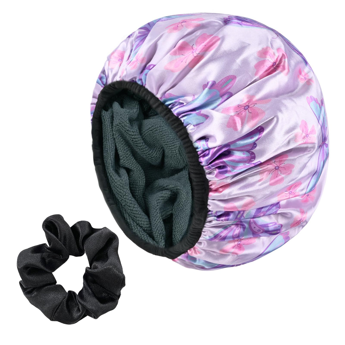 Yonchic Large Purple Butterfly Print Satin Shower Cap With Terry Cloth, Waterproof & Reusable