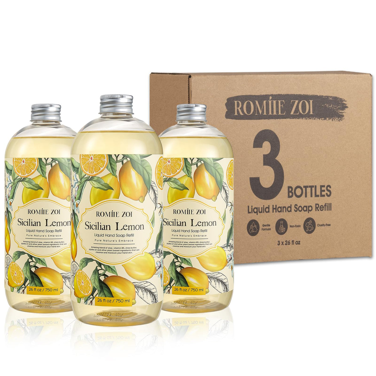 Romiie Zoi Lemon Scent Liquid Hand Soap Refills - 26 Fl Oz Family Size 3 Pack For Kitchen & Bath