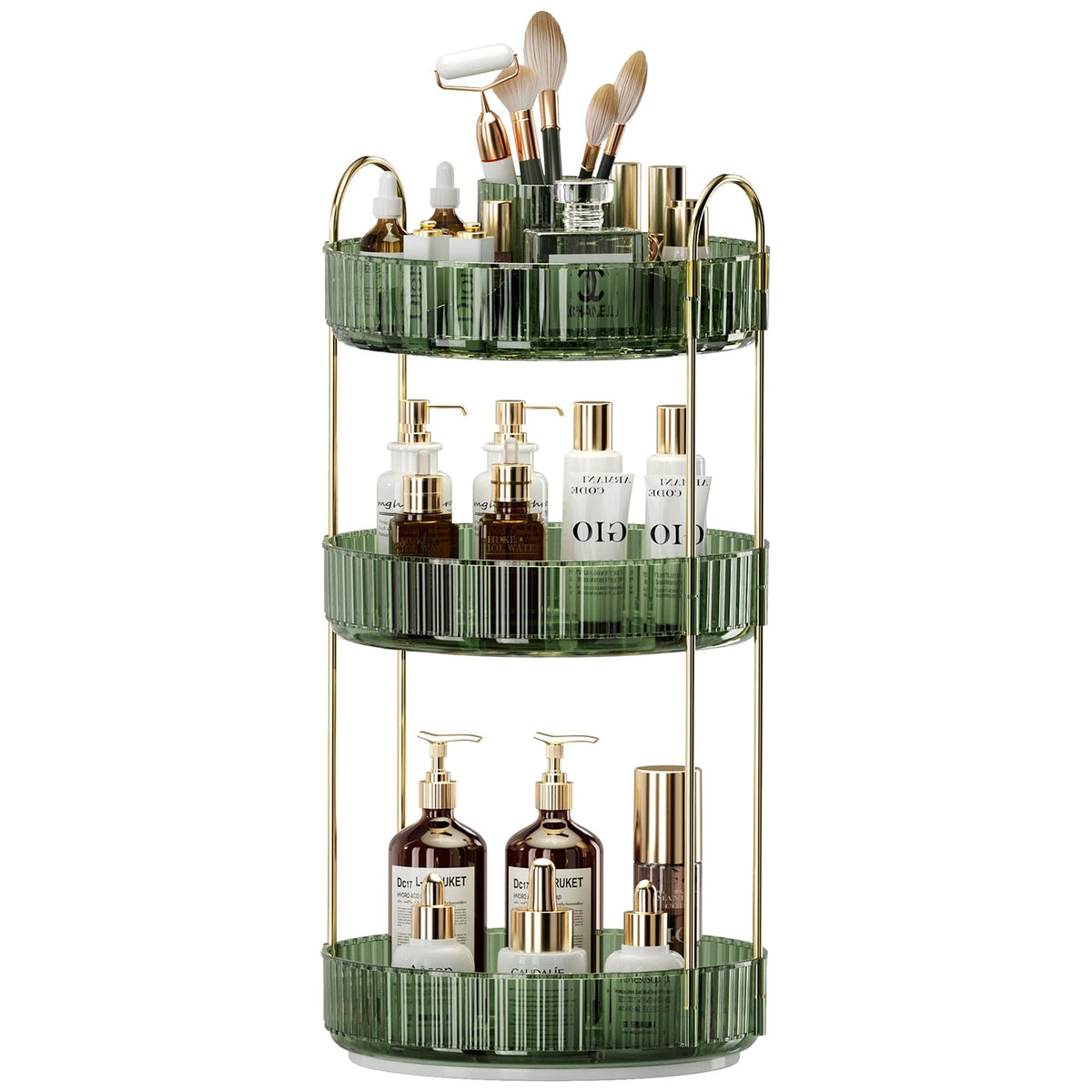 Oifecsie 360° Rotating Makeup Organizer - Large-Capacity 3 Tier Skincare & Cosmetic Storage, Gem Green