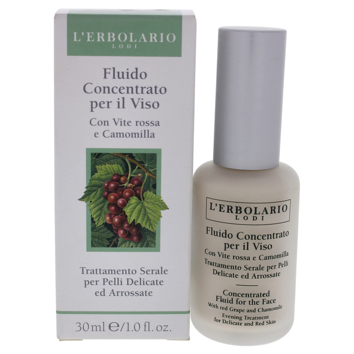 LErbolario  Concentrated Fluid for the Face  Evening Treatment for Delicate and Red Skin  Infused with Red Grape and Chamomi