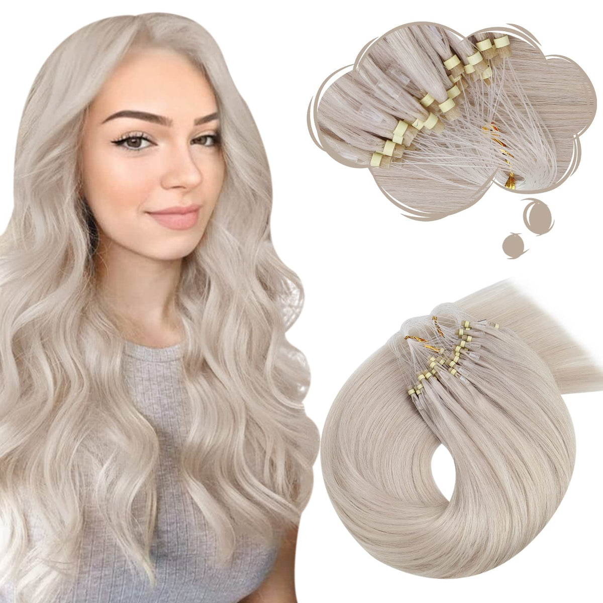 Moresoo Micro Loop Human Hair Extensions #60A White Blonde 24&quot; 50G Microbead Hair