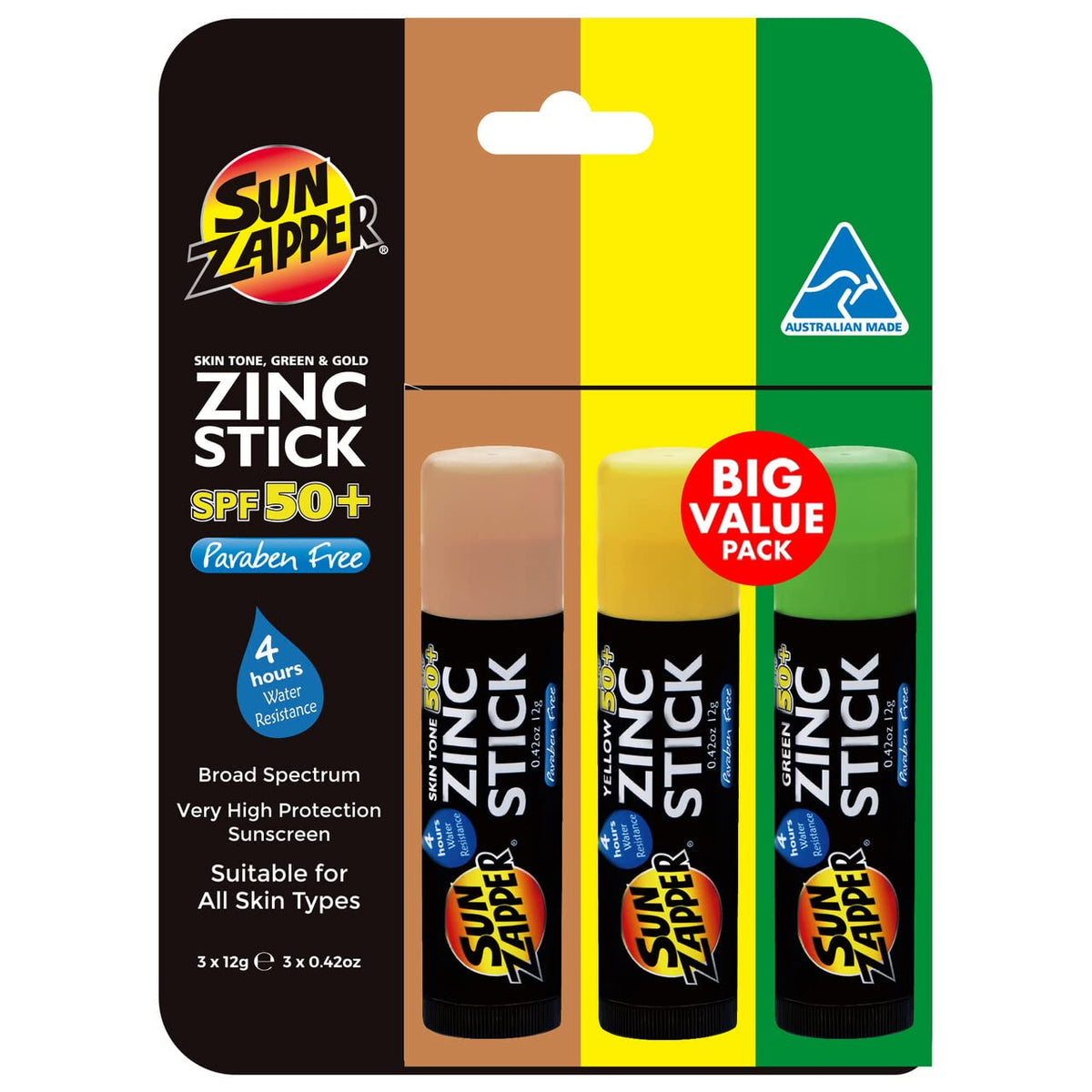 Sun Zapper Spf 50+ Zinc Oxide Sunscreen Stick - 3-Pack Water-Resistant Face & Body Protection