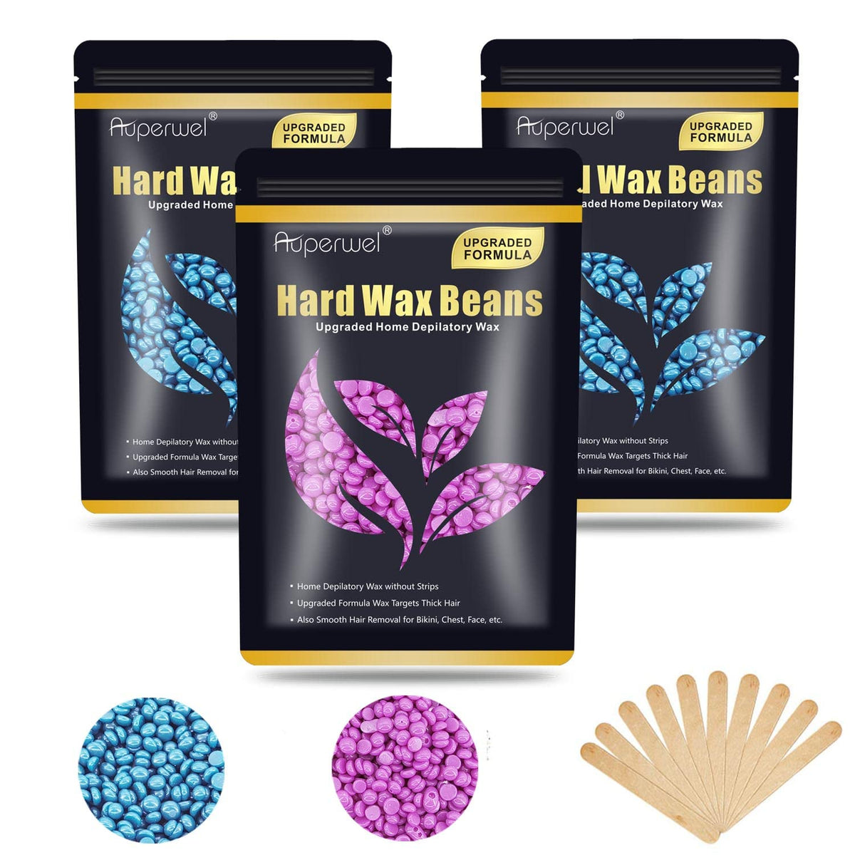 Auperwel Wax Beads for Hair Removal, 10.5oz Painless Hard Wax Beans, 3 Packs with Applicators