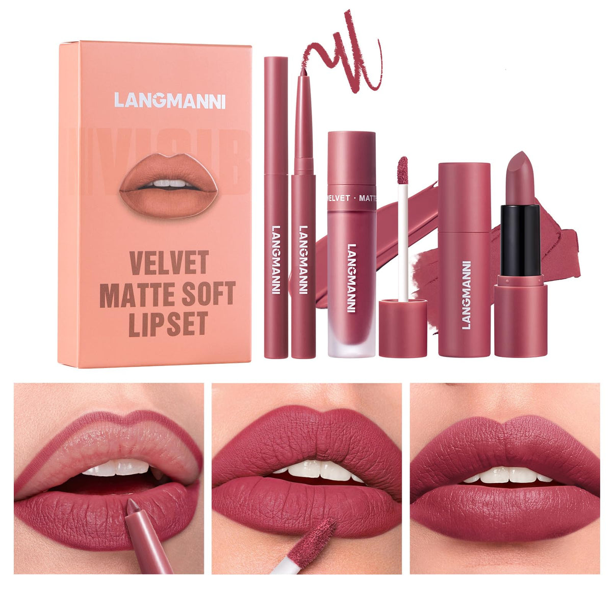 Langmanni 3-In-1 Matte Velvet Lipstick Set - Lip Liner, Gloss & Lipstick, Waterproof, Long-Lasting