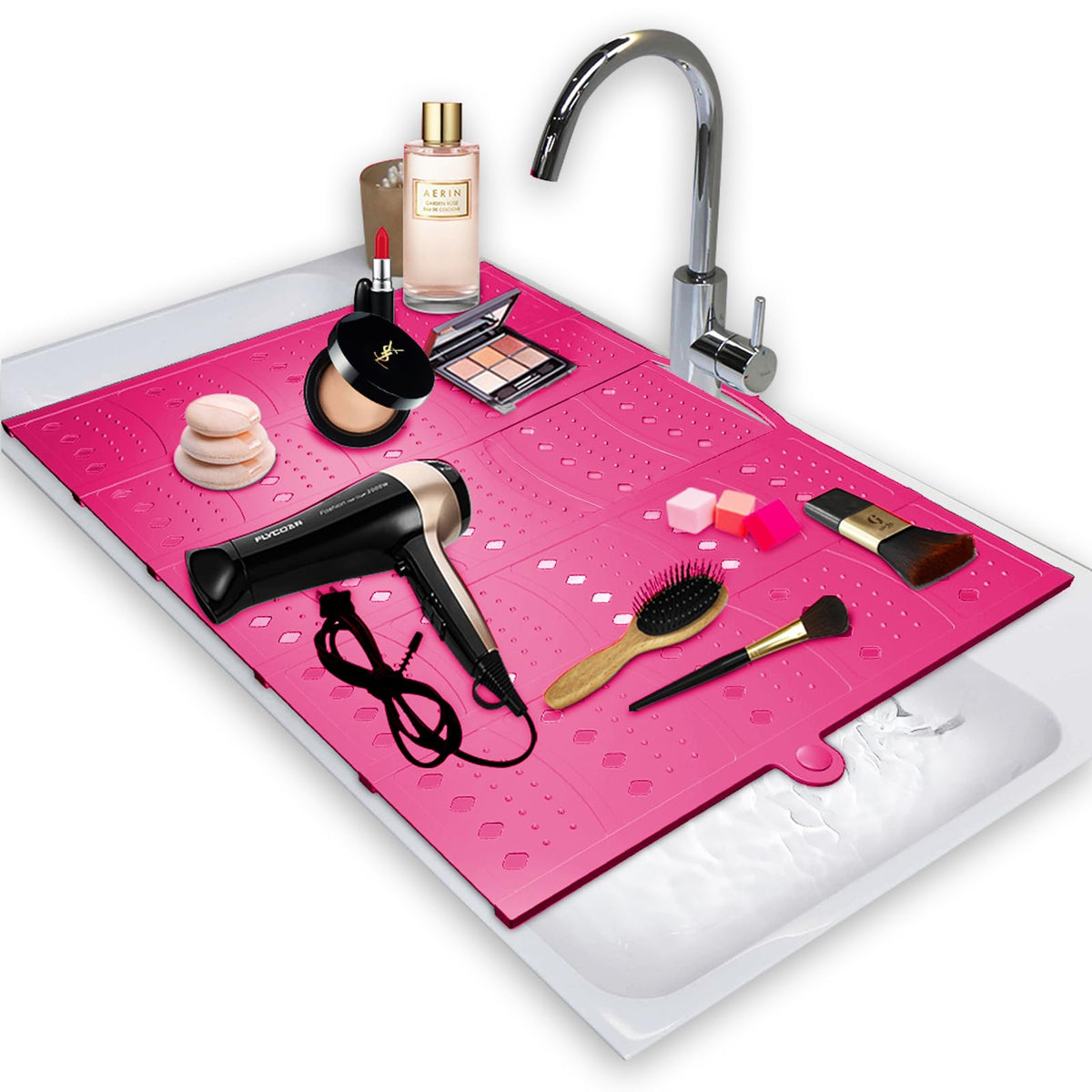 Brian & Dany Pink Silicone Makeup Mat, Foldable Sink Cover & Organizer, 19.3&quot; X 15.6&quot;