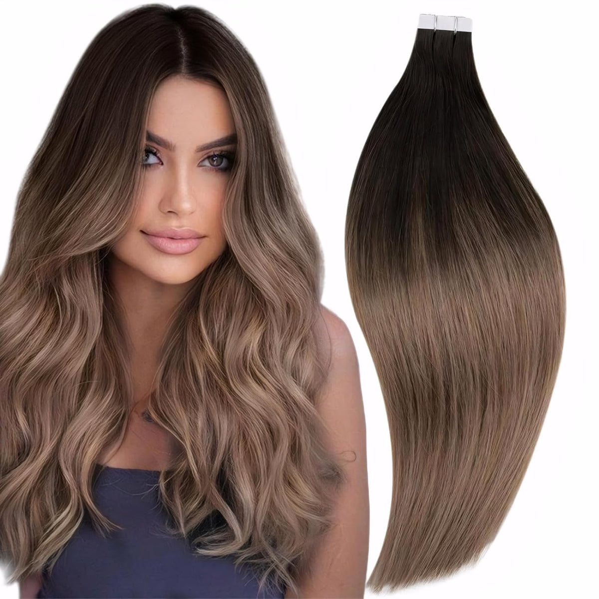 Runature 24&quot; Tape In Hair Extensions, Ombre Dark Brown To Ash Blonde, 100% Human Hair, 50G