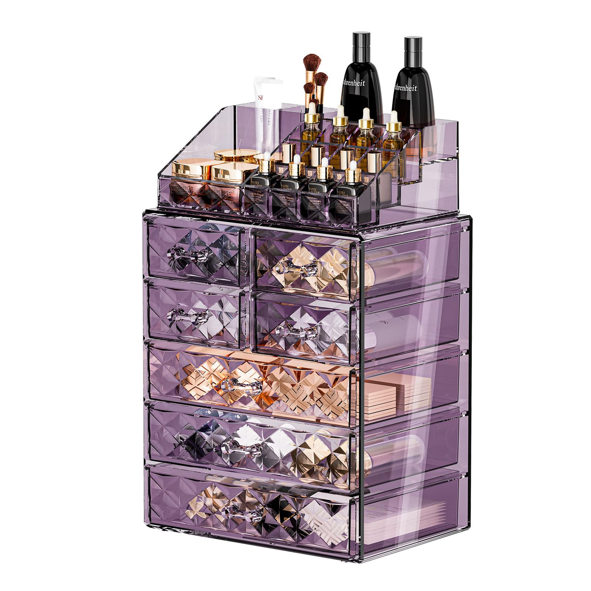 Zhiai Large Acrylic Makeup Organizer With Brush Holder, 3 Large & 4 Small Drawers, Diamond Purple