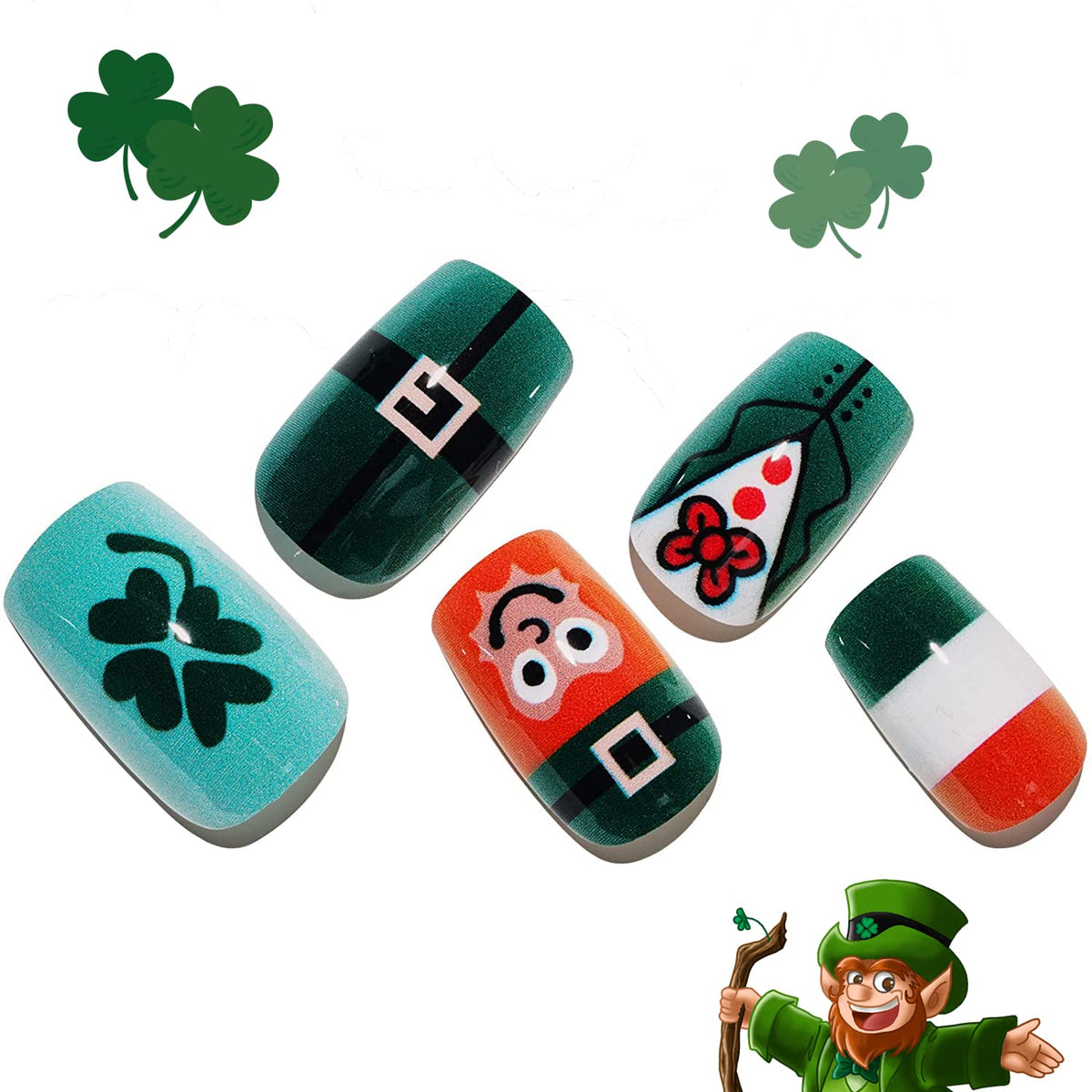 GLAMERMAID Green Press on Nails - Medium Oval Acrylic Fake Nails for St. Patrick's Day, 24 Count