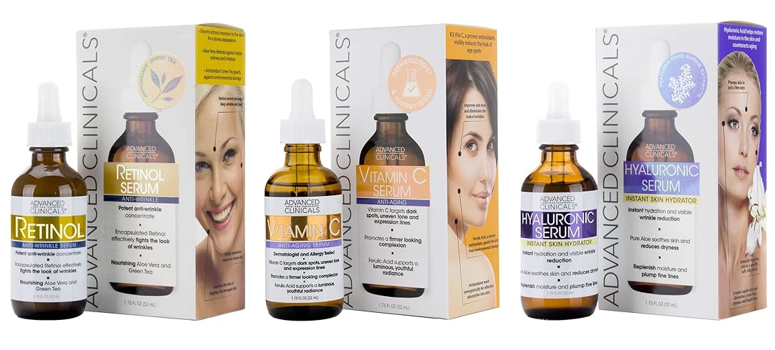 Advanced Clinicals Retinol, Hyaluronic Acid & Vitamin C Serum Set - Anti-Aging Skincare, 3Pc