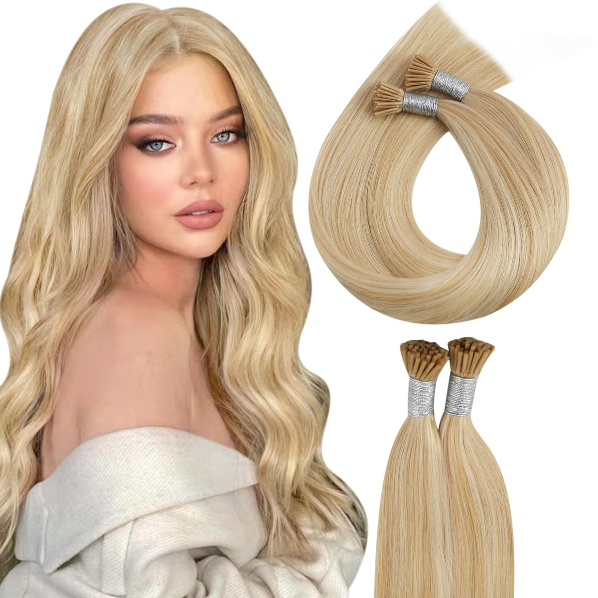 Moresoo I Tip Hair Extensions 16&quot; Blonde Highlight #14/613 Remy Human Hair 40g Silky Straight