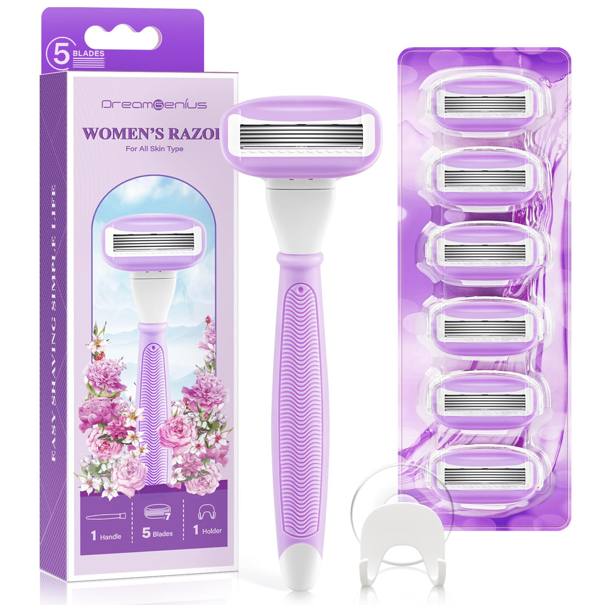 Dreamgenius Women'S Razors - 1 Handle, 7 Blade Refills, 360° Lubrication, Purple