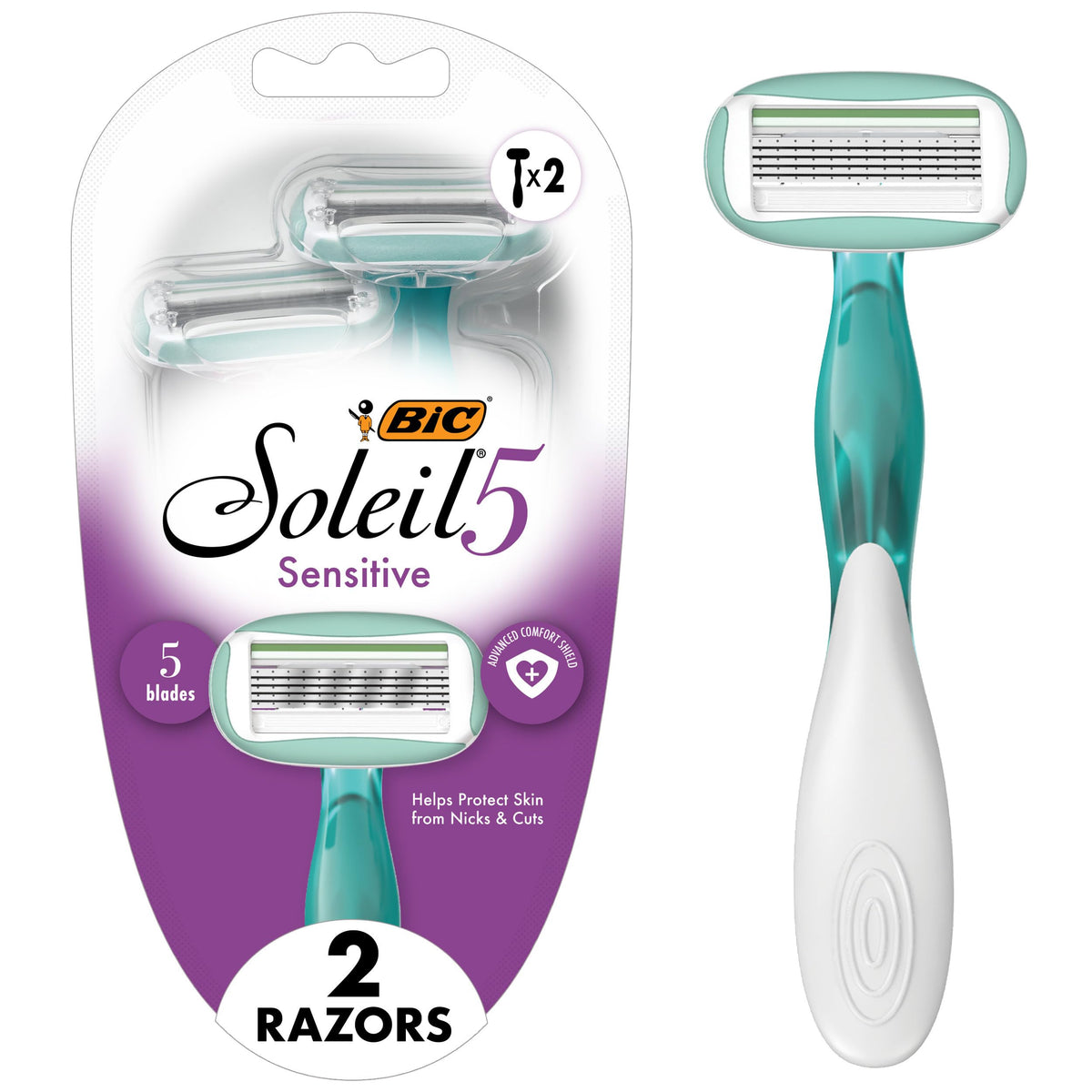 Bic Soleil Sensitive Advanced Women'S Razors, 5 Blades With Moisture Strips, 2 Count