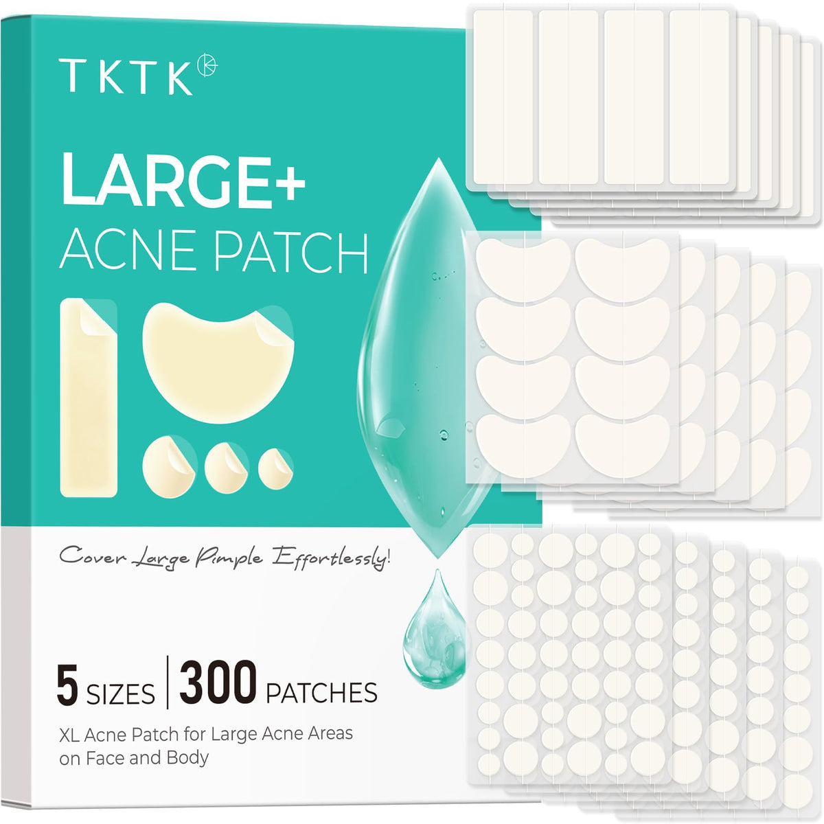 Tktk Large Hydrocolloid Pimple Patches - Xl Acne Bandages For Face & Body (300 Count)