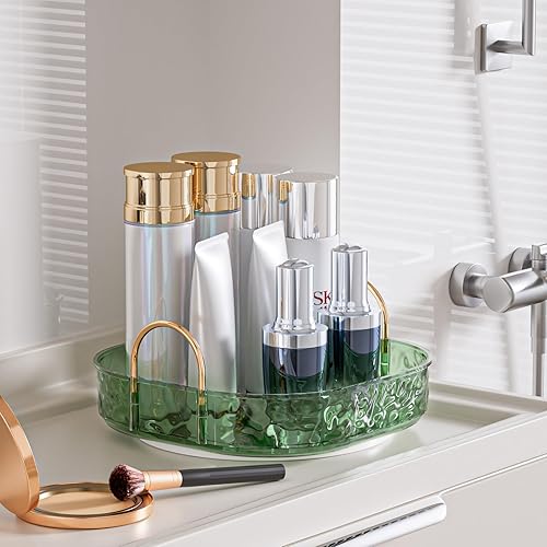 ZHIAI 360° Rotating Makeup Organizer - Green Plastic Skincare & Perfume Storage, 1 Tier