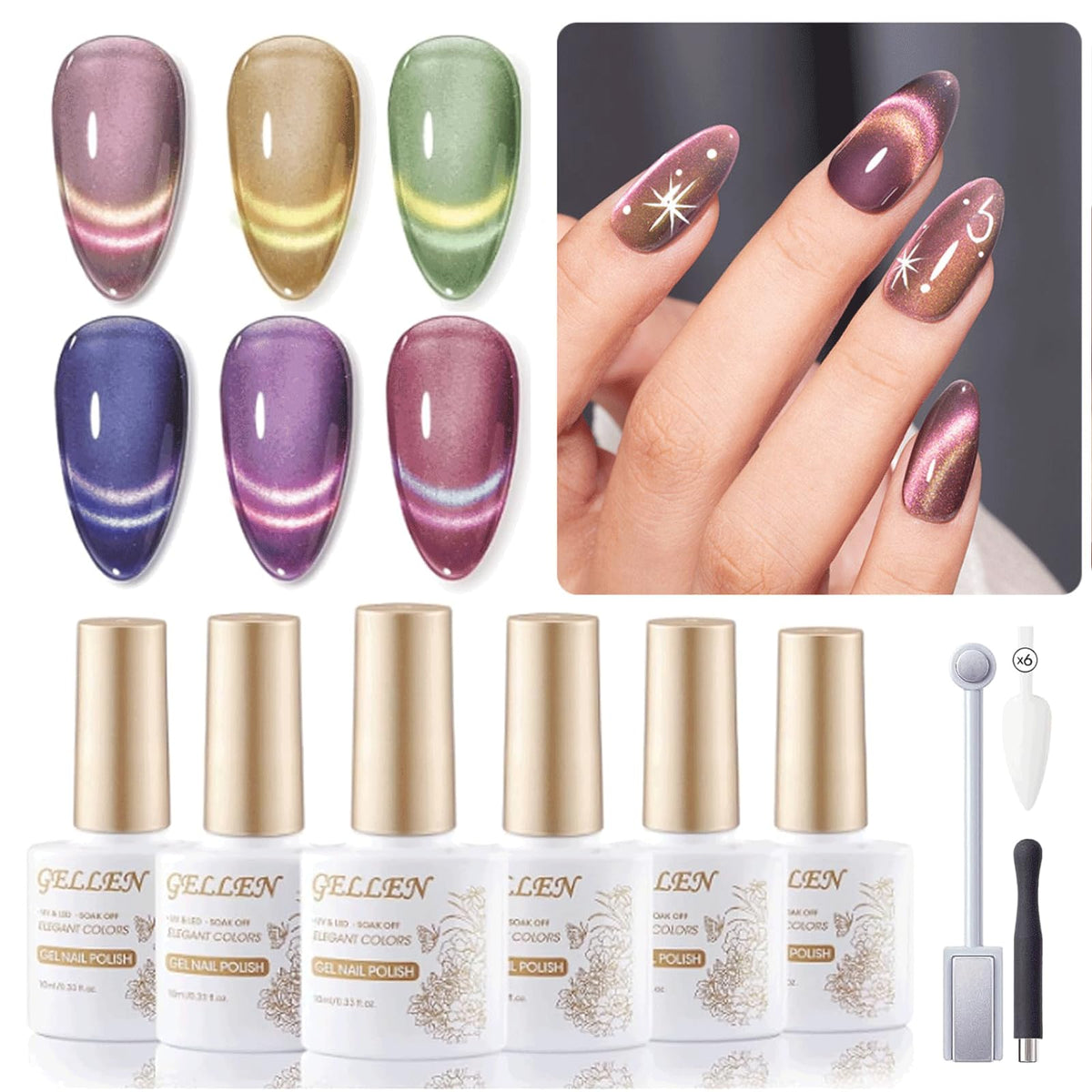 Gellen 9D Cat Eye Gel Nail Polish Set, 6 Colors Magnetic Holographic Uv Gel For Nail Art