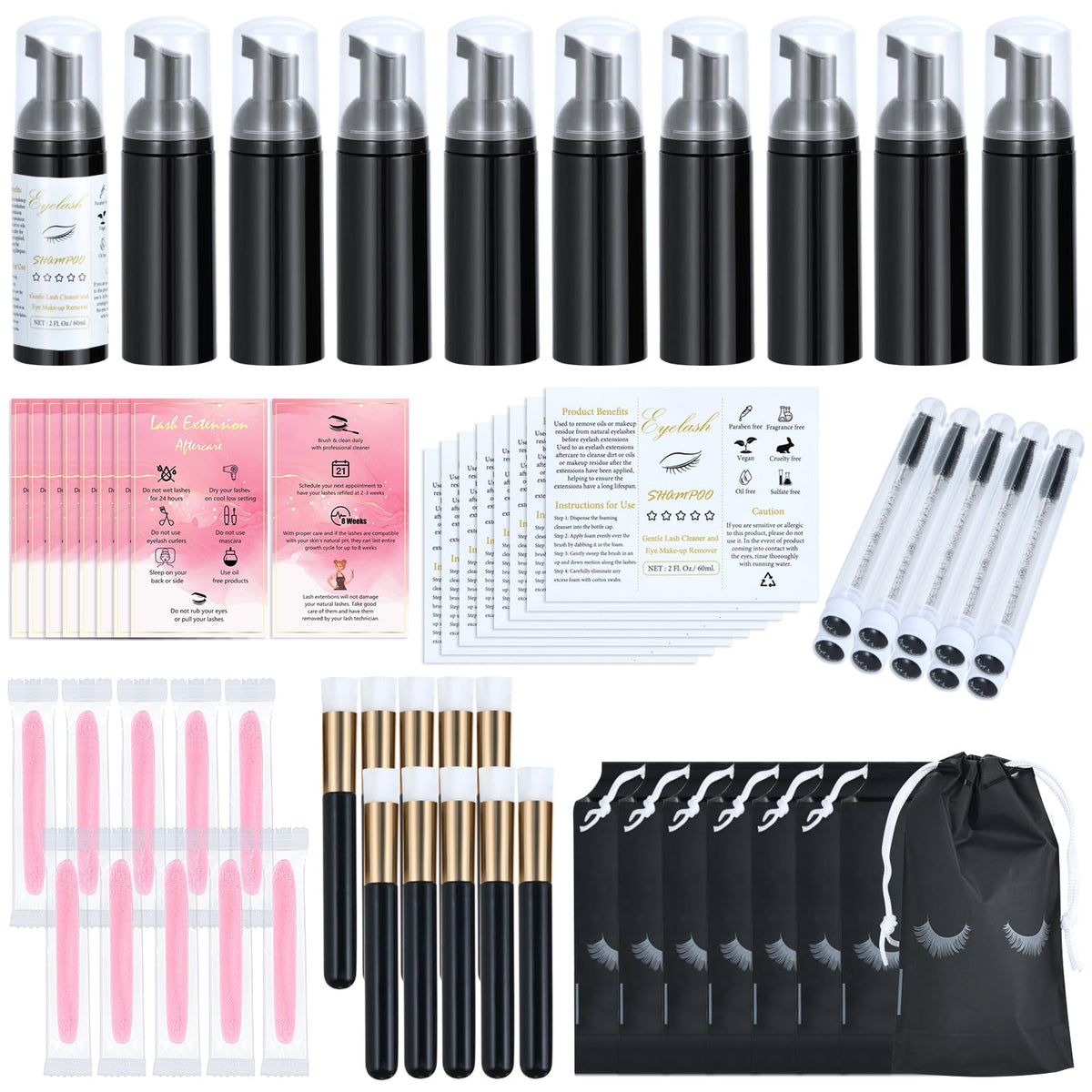 Tannova 70 Pcs Lash Shampoo Bottle Brushes Set With Foam Dispensers, Wands, And Sponges - Black