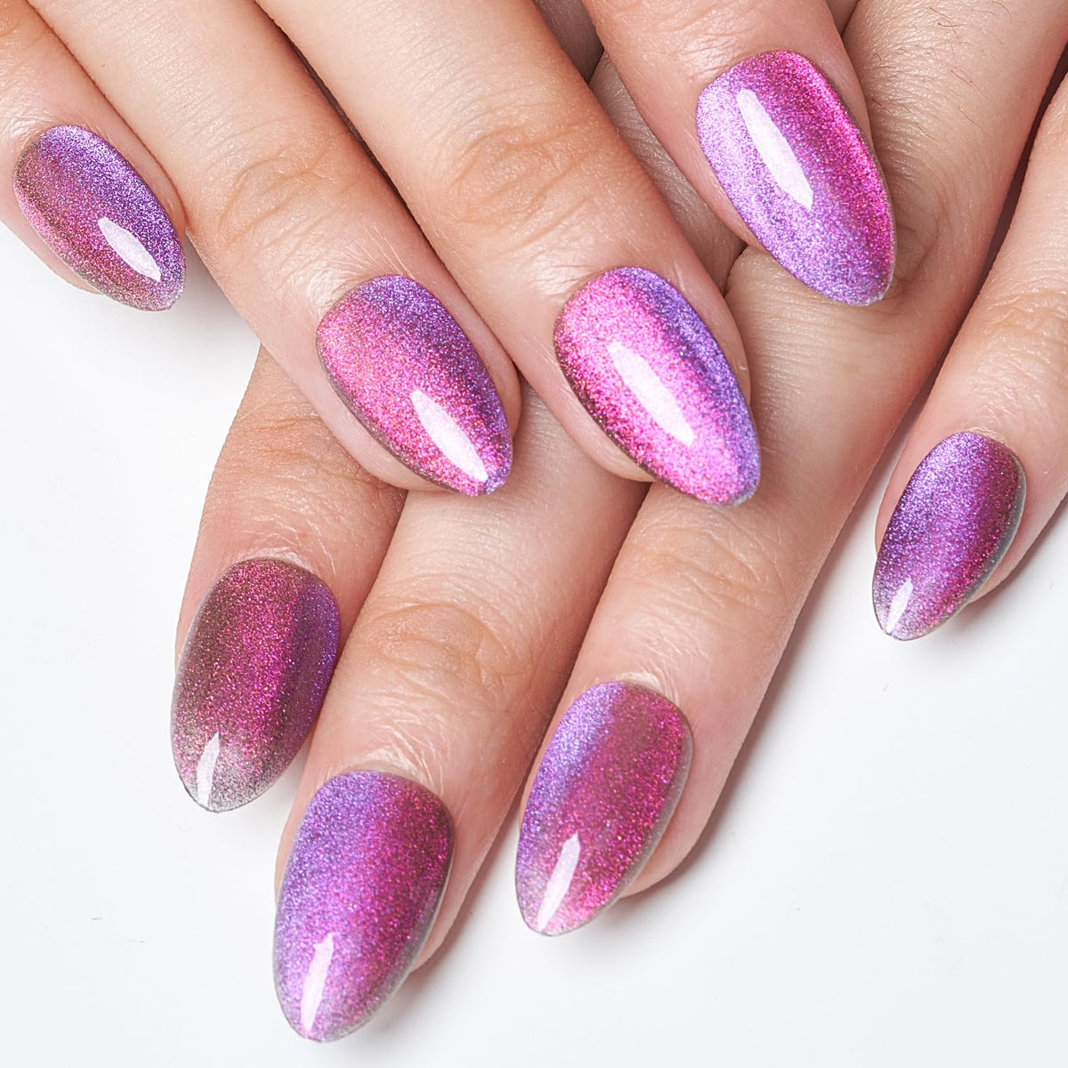 Glamermaid Hot Pink Purple Ombre Press On Nails, Chameleon Gel, Medium Almond, 24 Pack