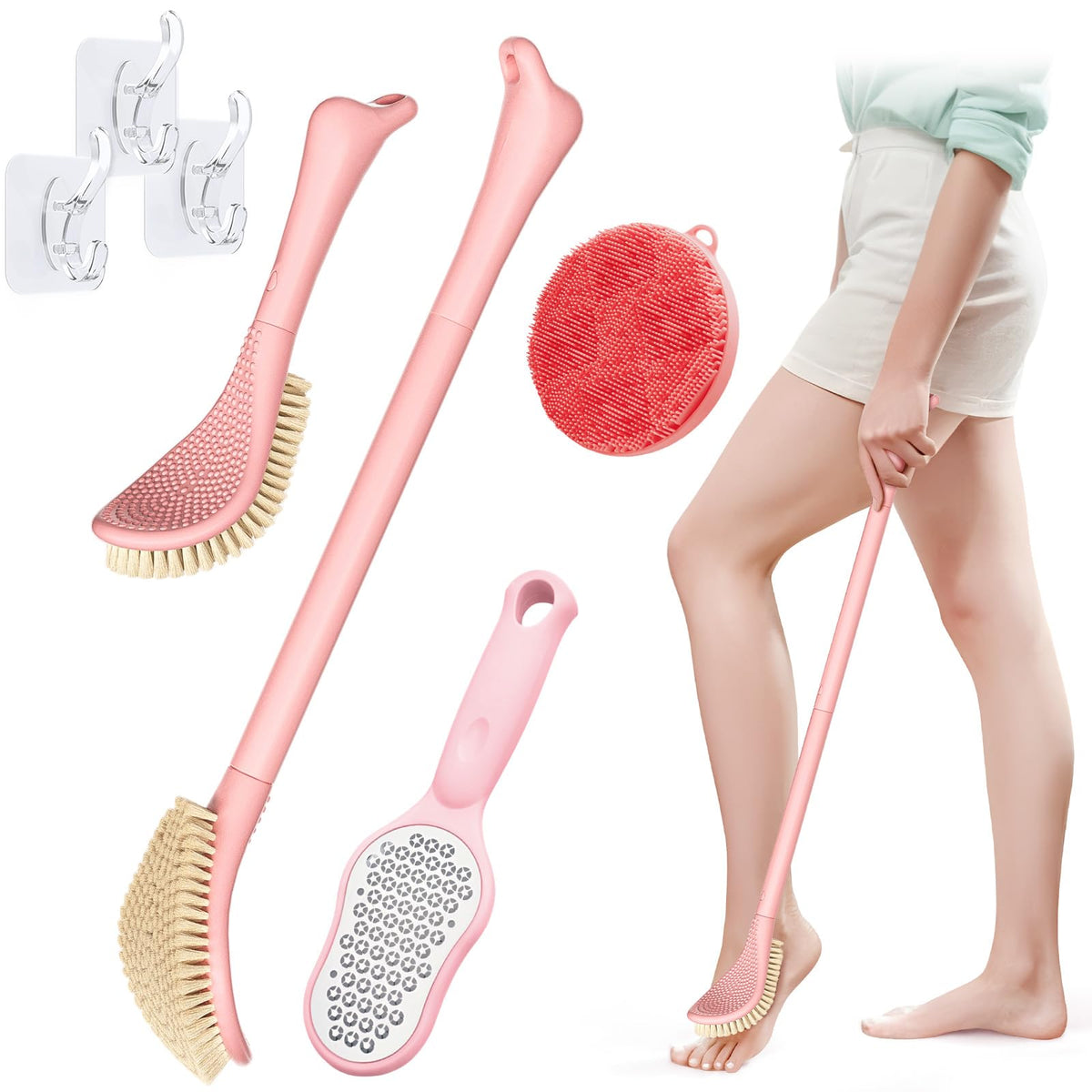 Geenoa 3-In-1 Adjustable Foot Scrubber Set, Pink - Shower Brush & Foot File For Wet/Dry Use